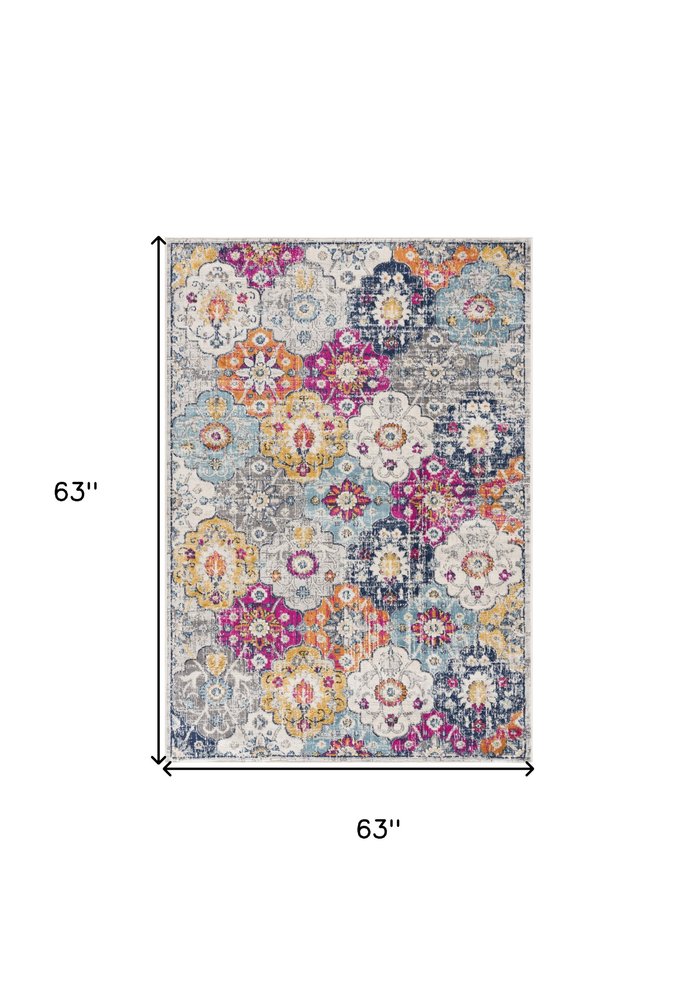 5' Gray Beige and Blue Geometric Distressed Round Rug