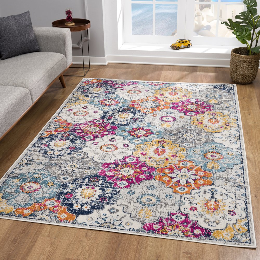 5' Gray Beige and Blue Geometric Distressed Round Rug