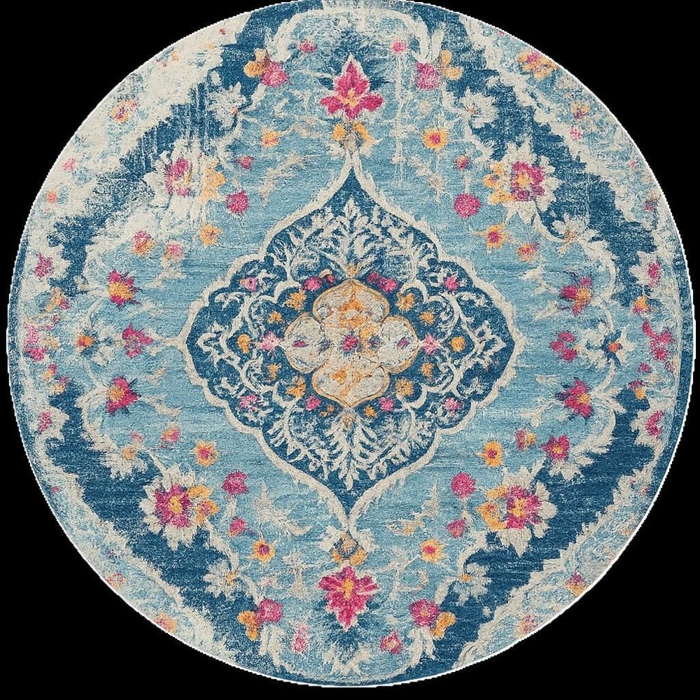 5' Blue and Gray Oriental Distressed Round Rug
