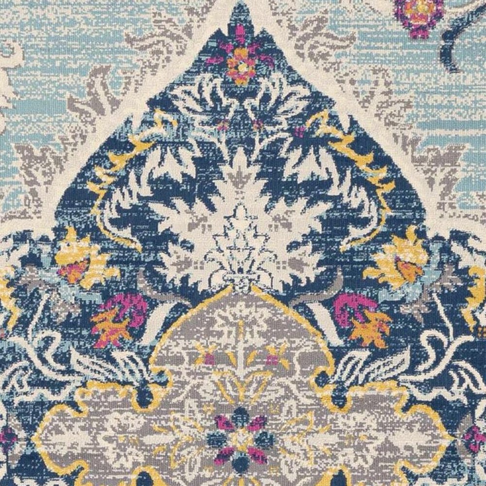 8' Blue And Beige Round Oriental Washable Non Skid Area Rug