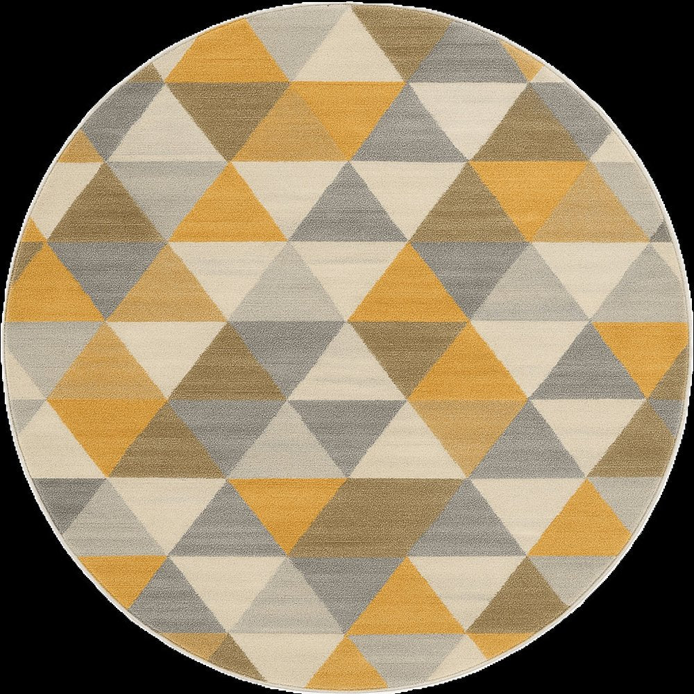 8' Yellow Round Geometric Washable Non Skid Area Rug