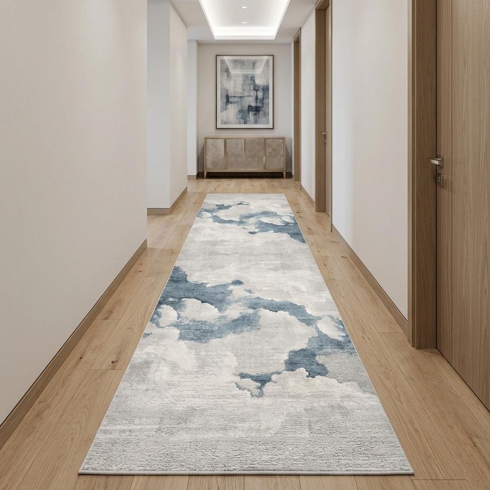 10' Blue And Gray Abstract Washable Runner Rug