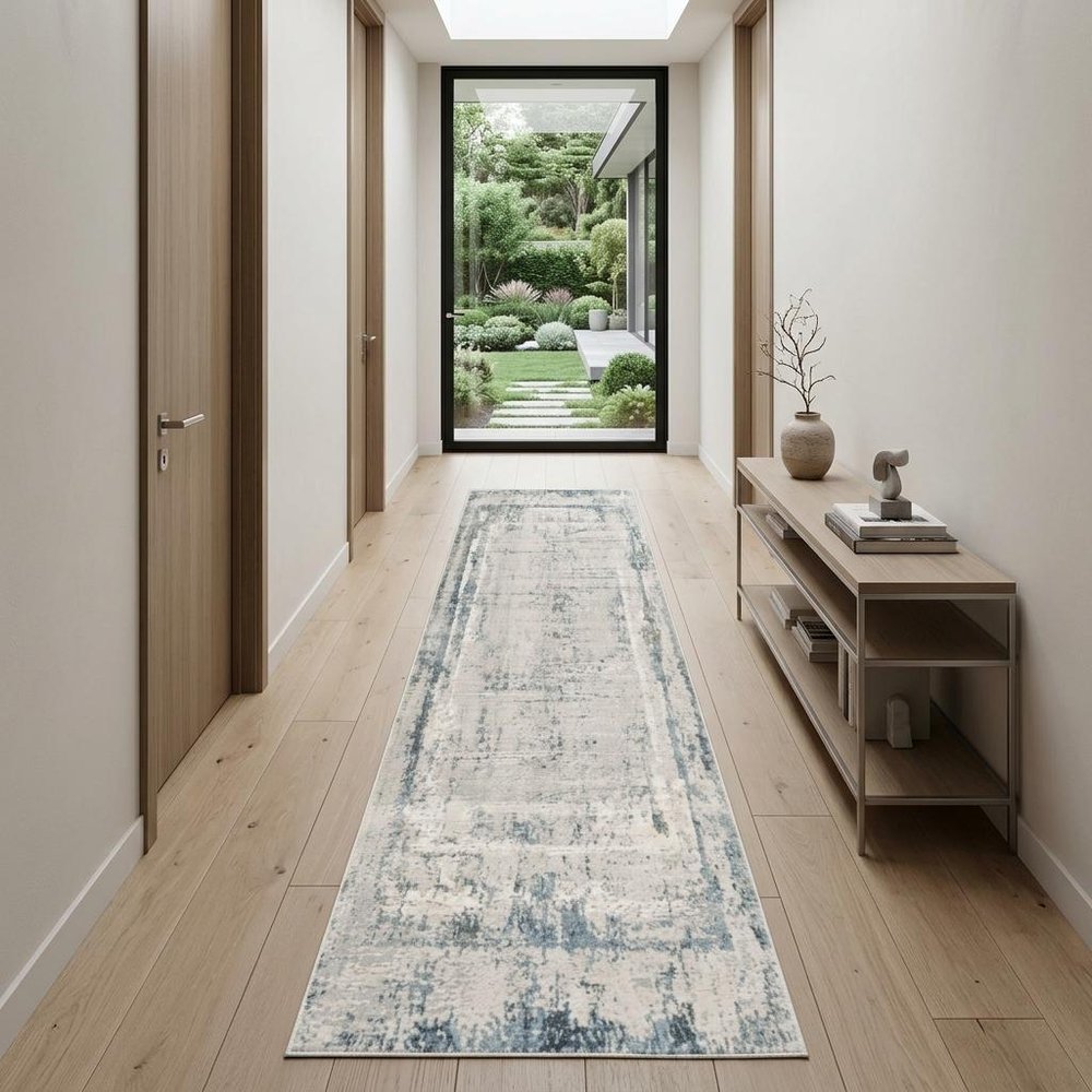 13' Blue And Gray Abstract Washable Runner Rug