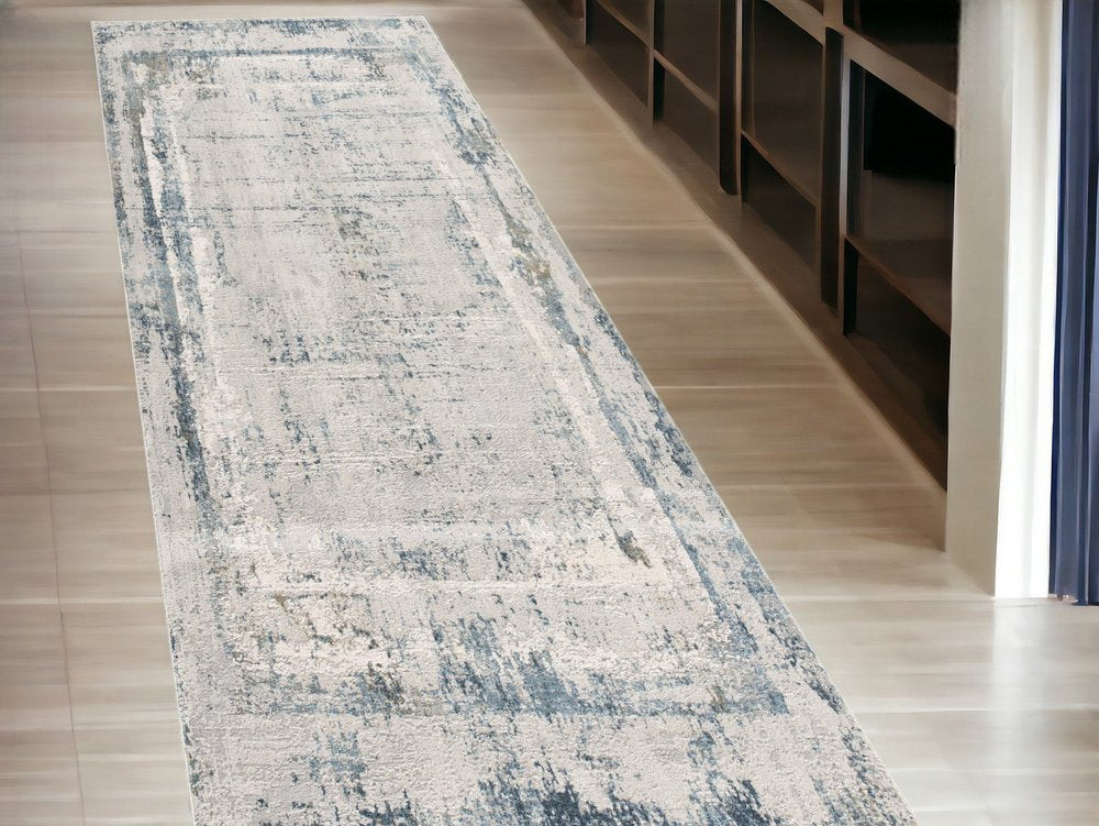 15' Blue And Gray Abstract Washable Runner Rug
