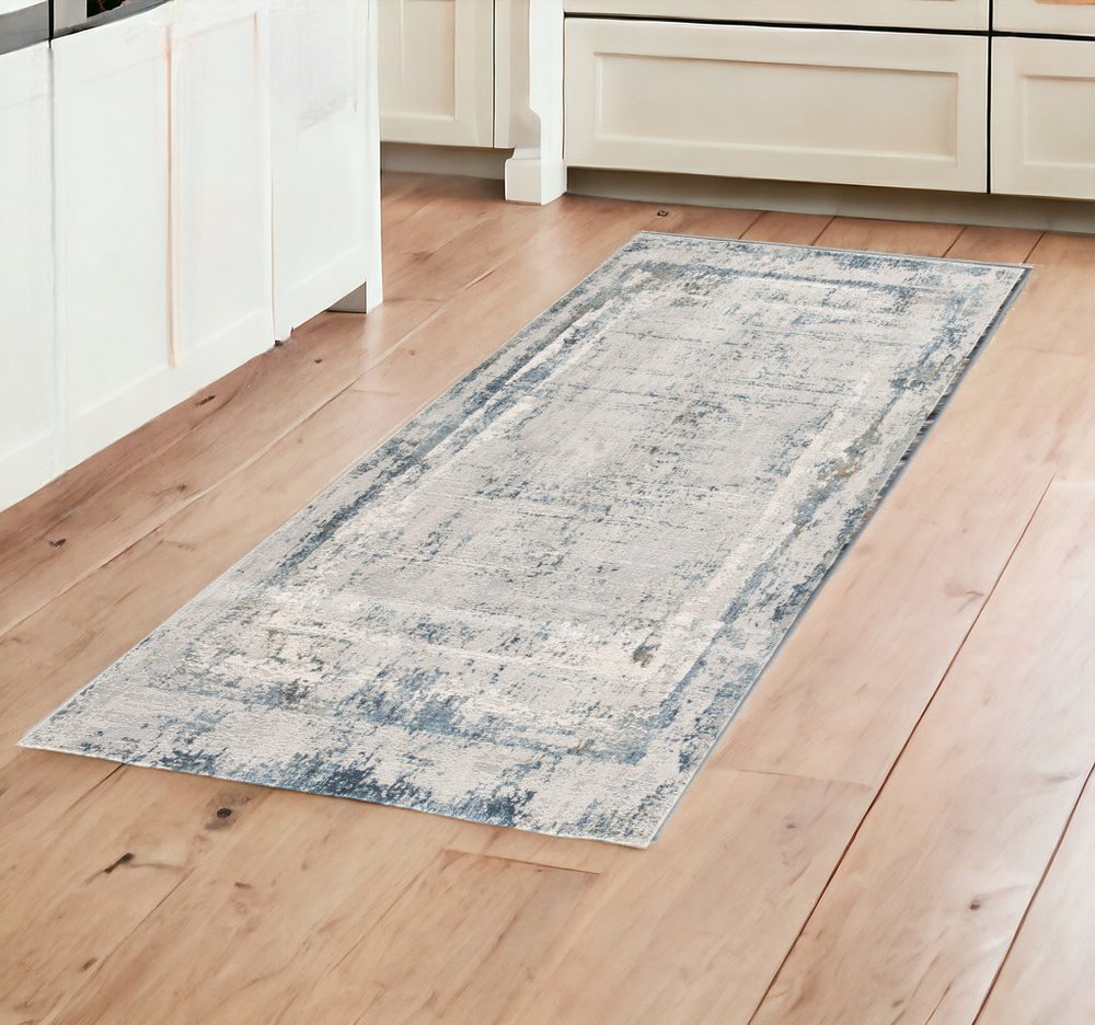 8' Blue And Gray Abstract Washable Runner Rug