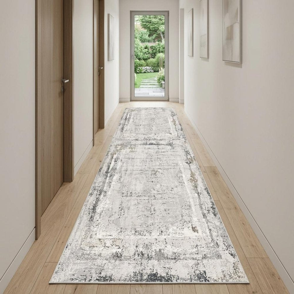 10' Gray and Ivory Abstract Distressed Runner Rug