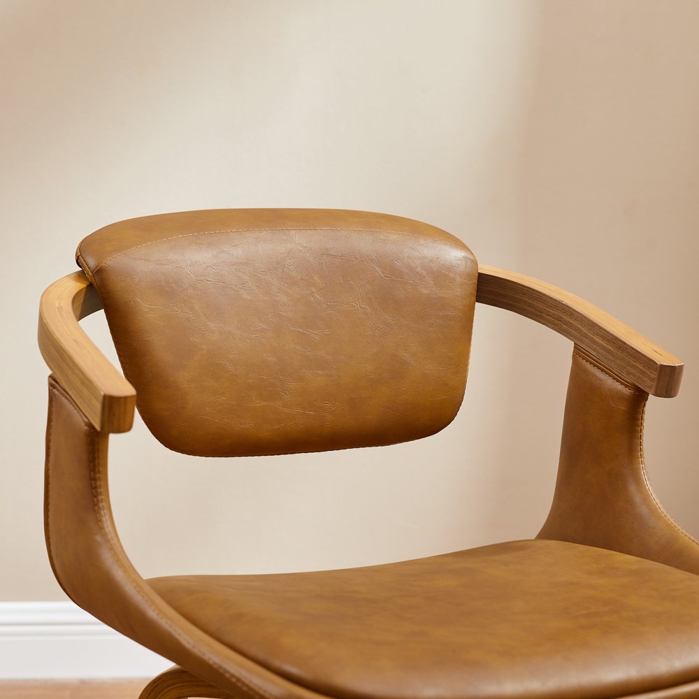Brown And Natural Upholstered Faux Leather Dining Arm Chair