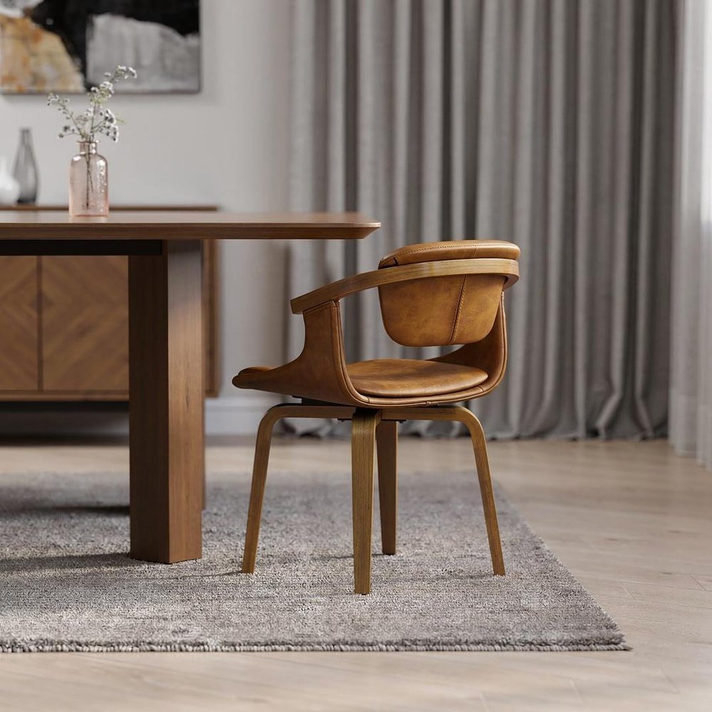 Brown And Natural Upholstered Faux Leather Dining Arm Chair