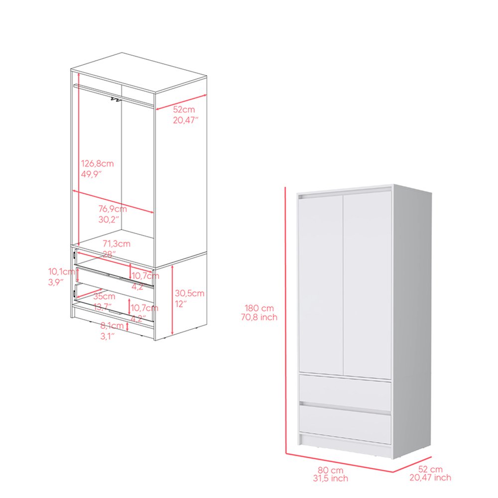 32" White Two Drawer Combo Dresser