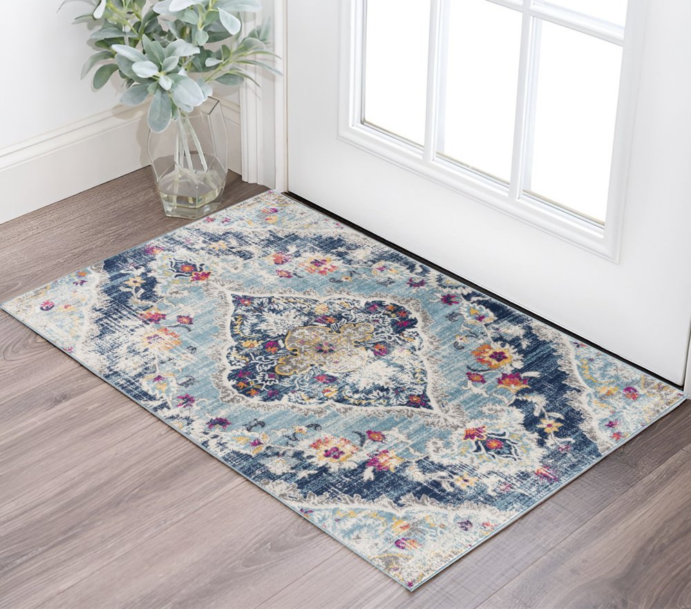 2' X 3' Blue And Beige Oriental Washable Non Skid Area Rug