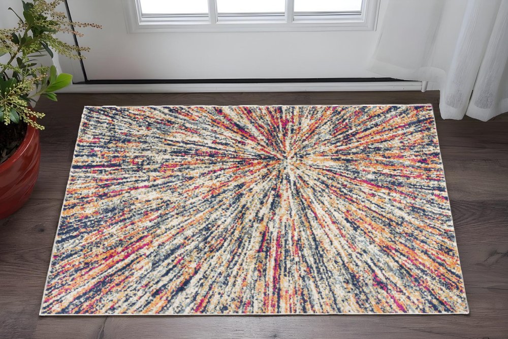 2' X 3' Ivory Blue and Orange Abstract Washable Non Skid Area Rug