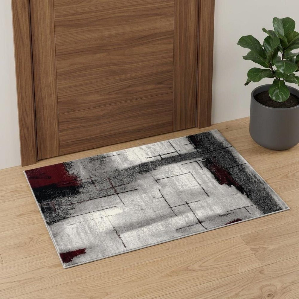 2' X 3' Gray and Red Abstract Distressed Area Rug