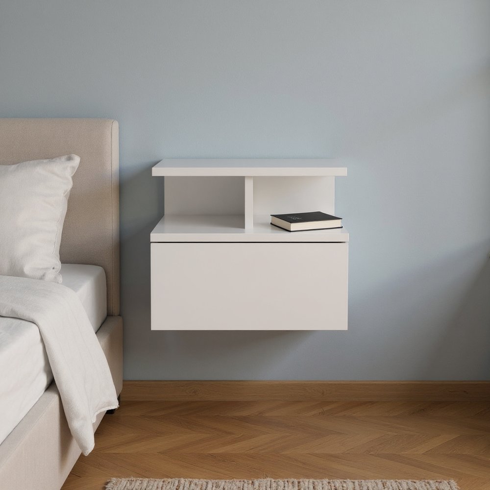 14" White Wood One Drawer Floating Nightstand