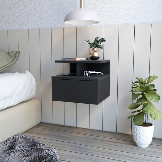 12" Black Wood One Drawer Floating Nightstand