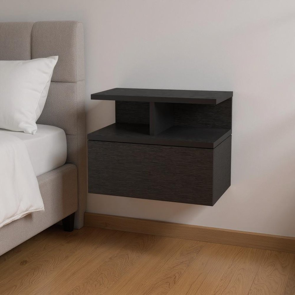 14" Black Wood One Drawer Floating Nightstand