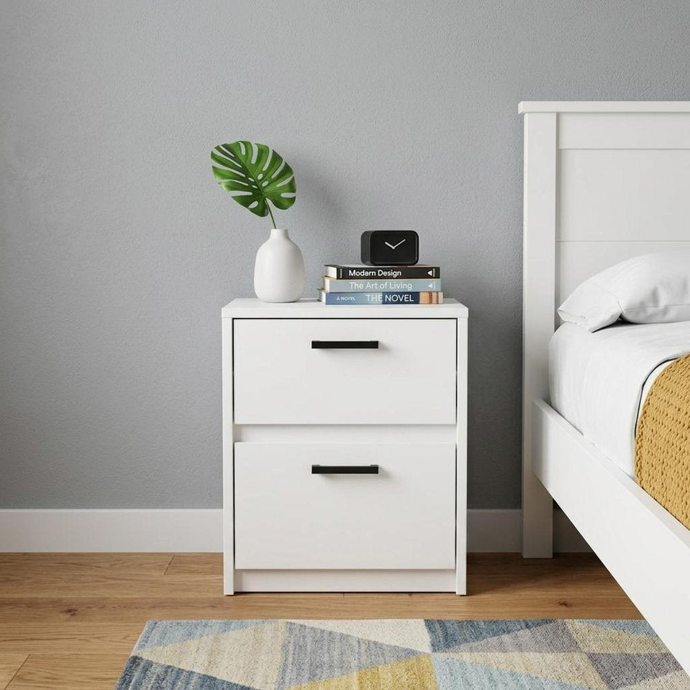 19" White Wood Two Drawer Nightstand