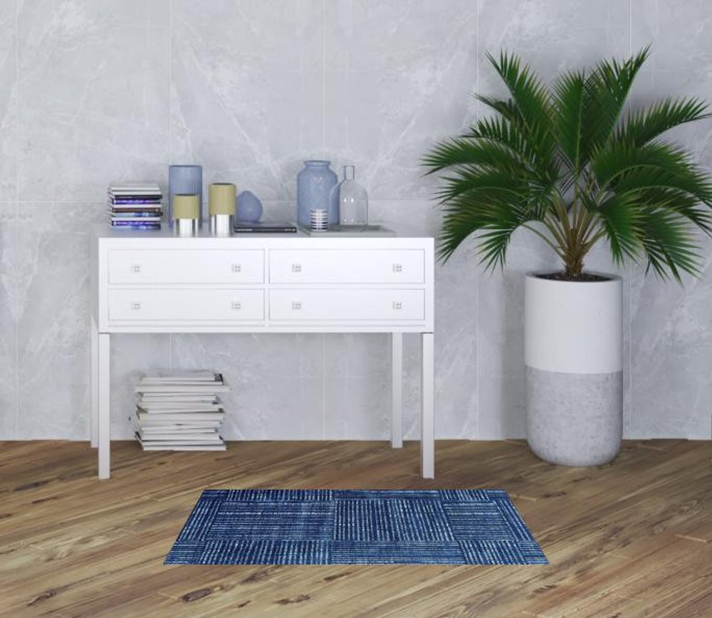 2' X 4' Navy Blue Striped Washable Area Rug With UV Protection