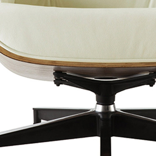 35" Beige and Dark Brown Genuine Leather Tufted Swivel Lounge Chair With Ottoman