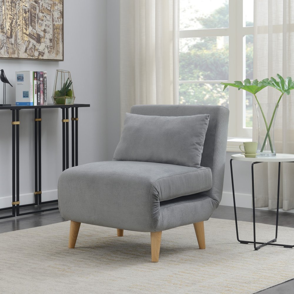 27" Light Gray and Natural Upholstered Convertible Chair And Toss Pillow