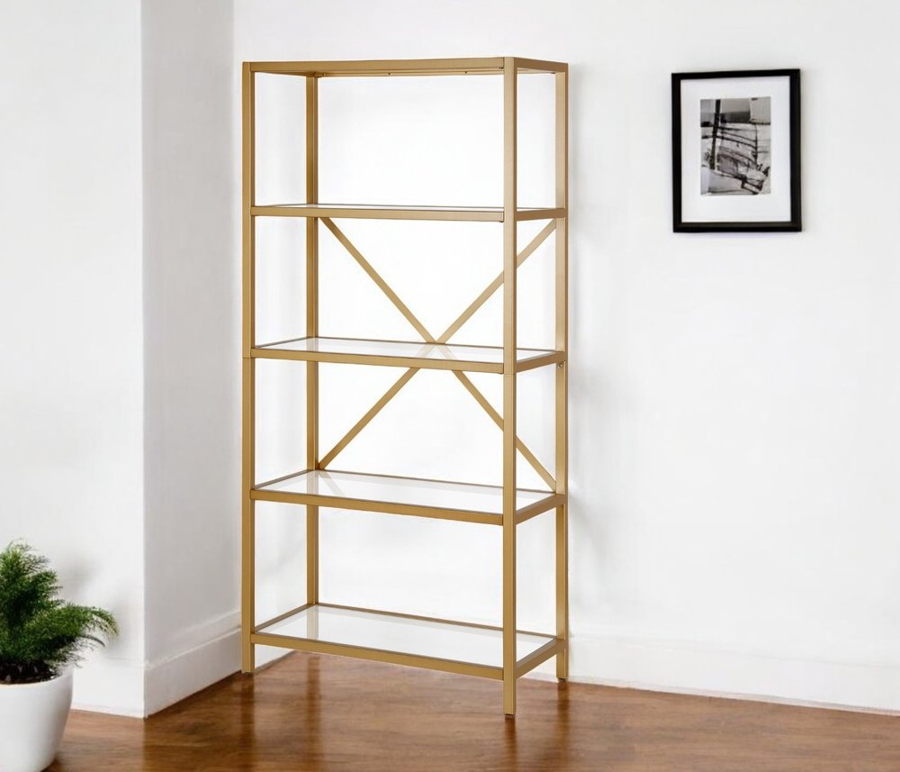 Gold Metal and Glass Five Tier Etagere Bookcase
