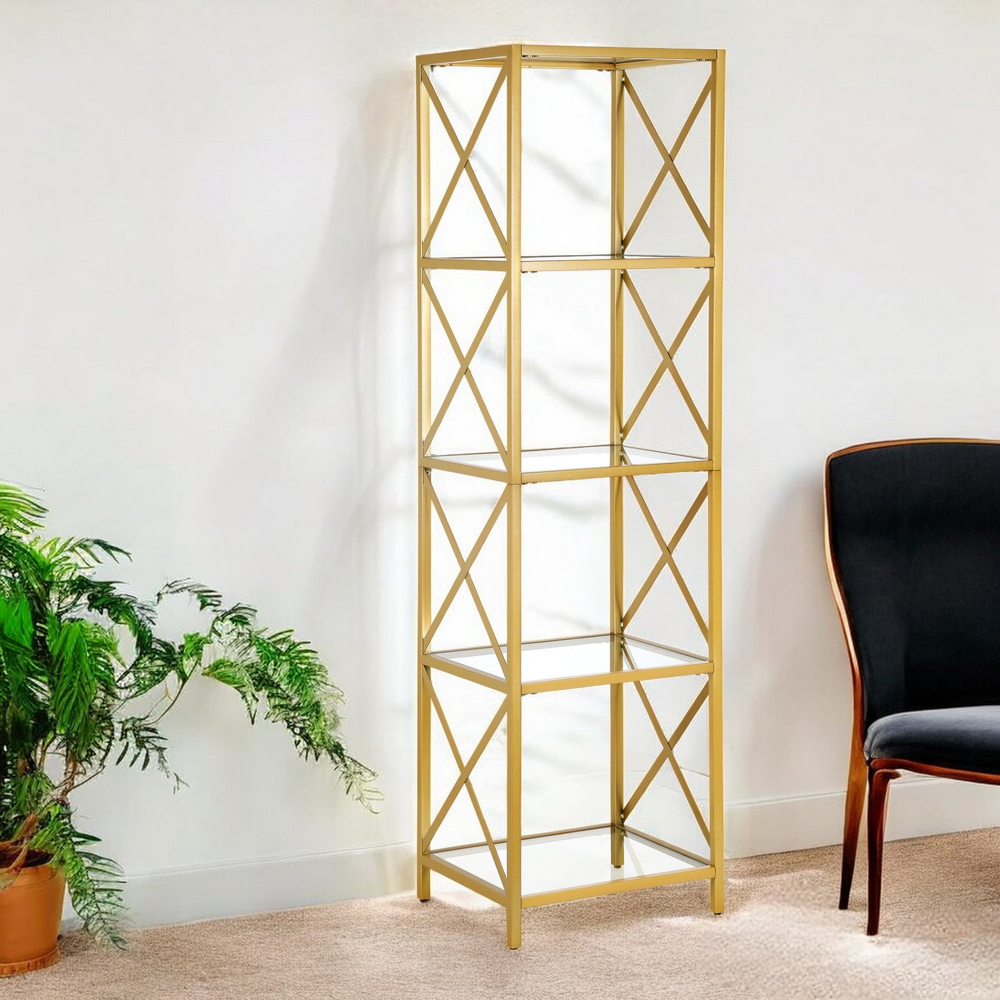 Gold Metal and Glass Four Tier Etagere Bookcase
