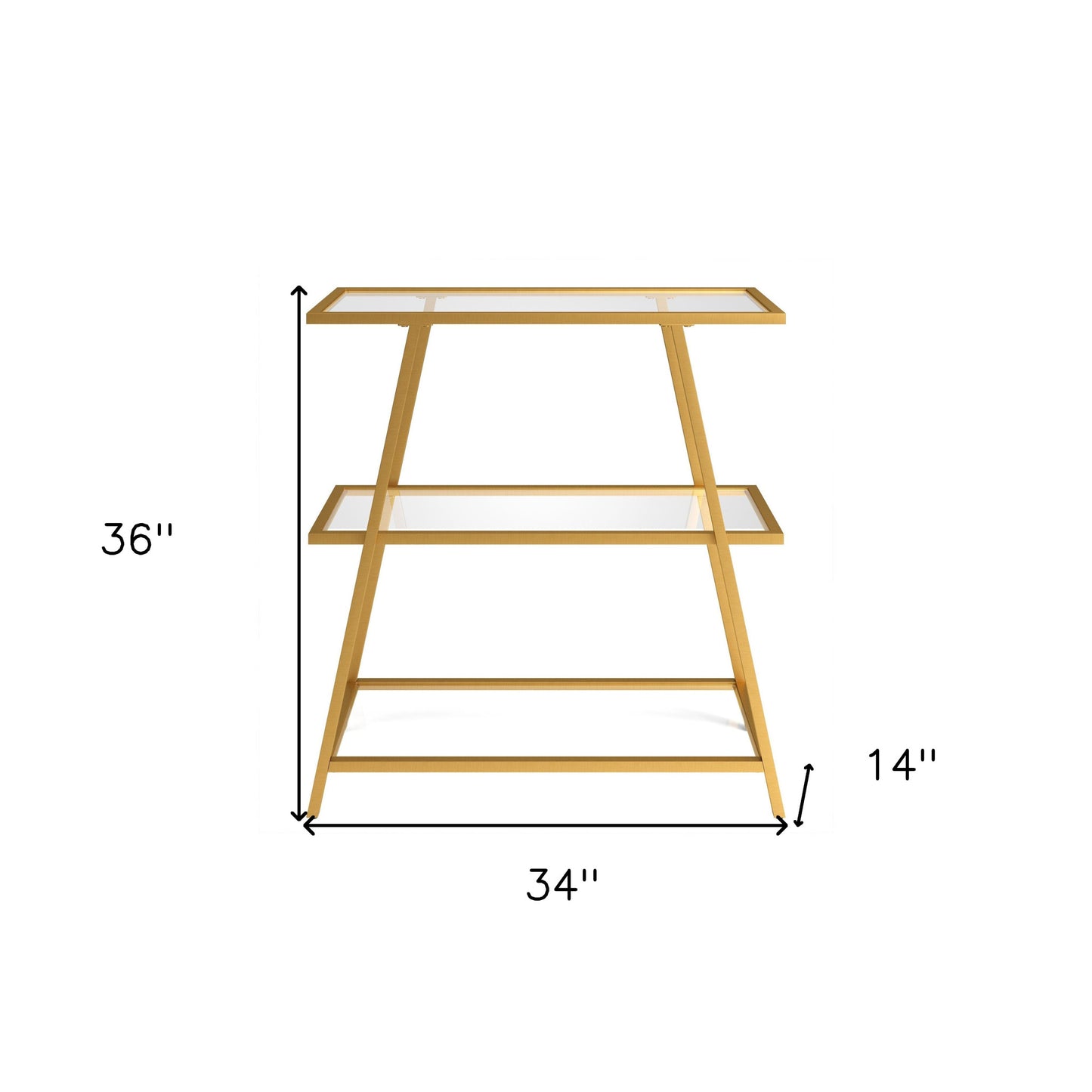 36" Gold Metal And Glass Three Tier Etagere Bookcase