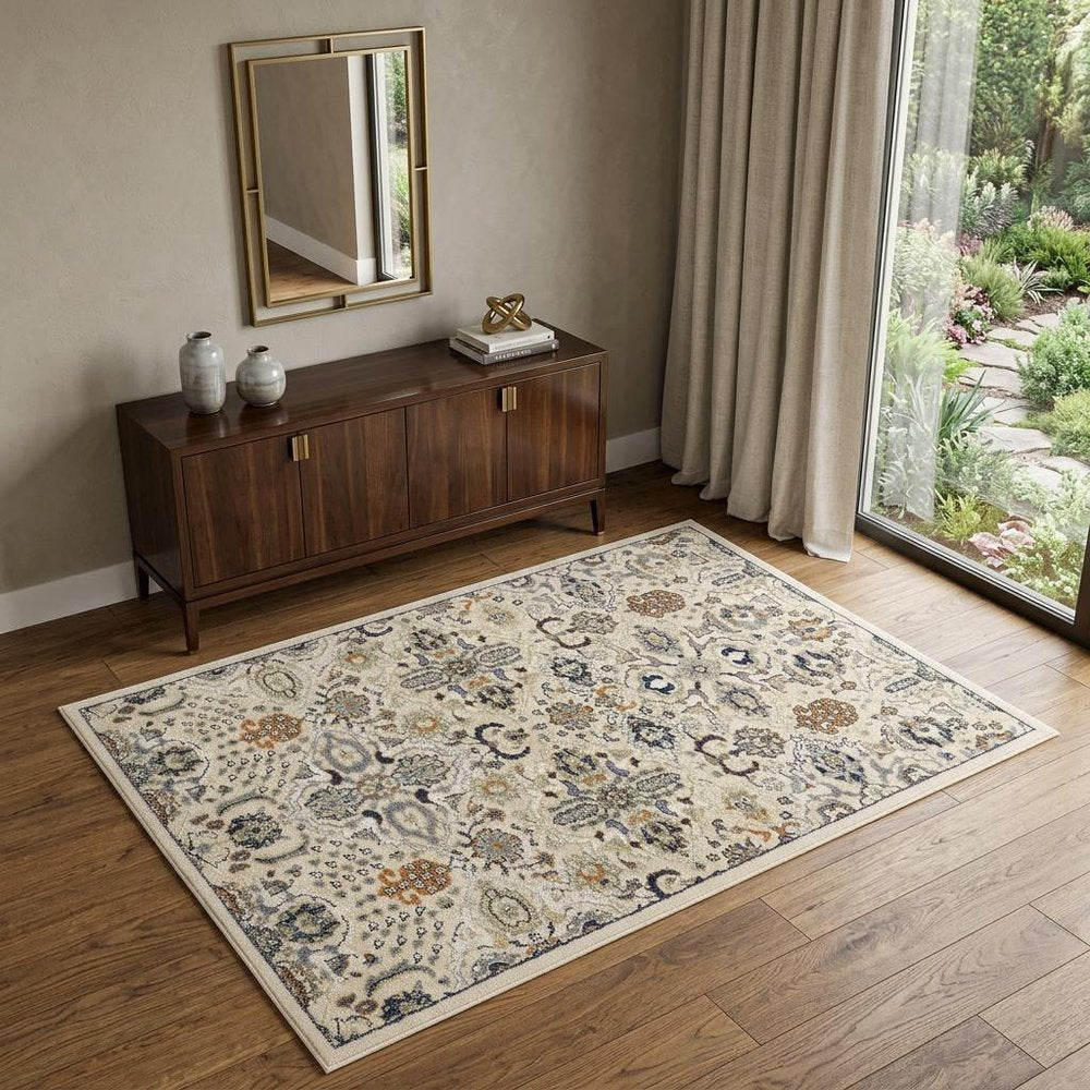 4' X 6' Green and Ivory Floral Power Loom Area Rug
