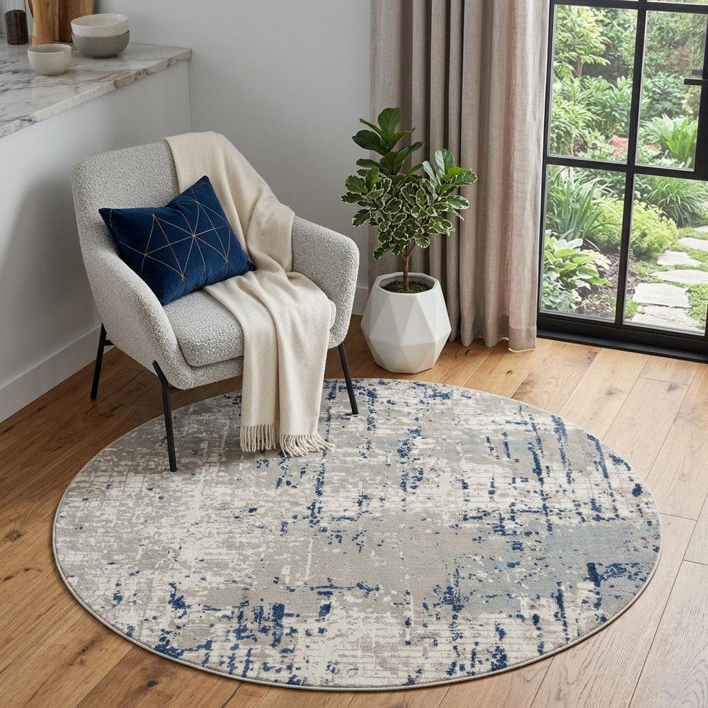 4' Blue and Gray Round Abstract Power Loom Area Rug