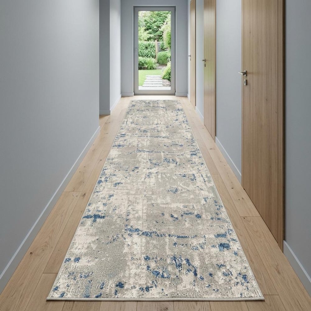 12' Blue and Gray Abstract Power Loom Runner Rug