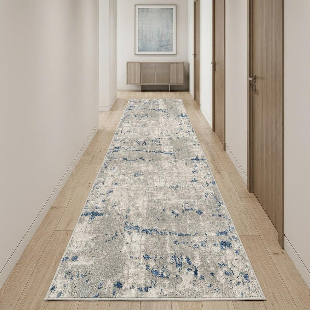 12' Blue and Gray Abstract Power Loom Runner Rug