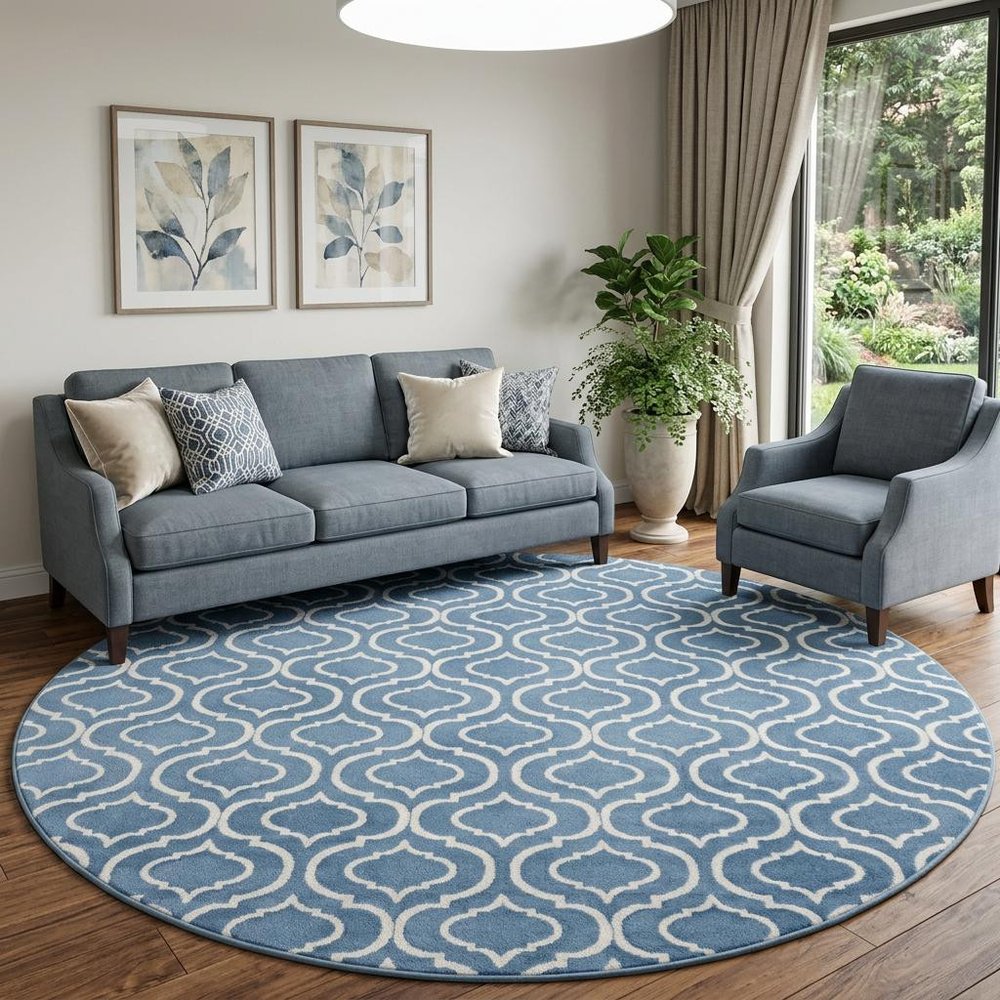 8' Gray Round Moroccan Power Loom Area Rug