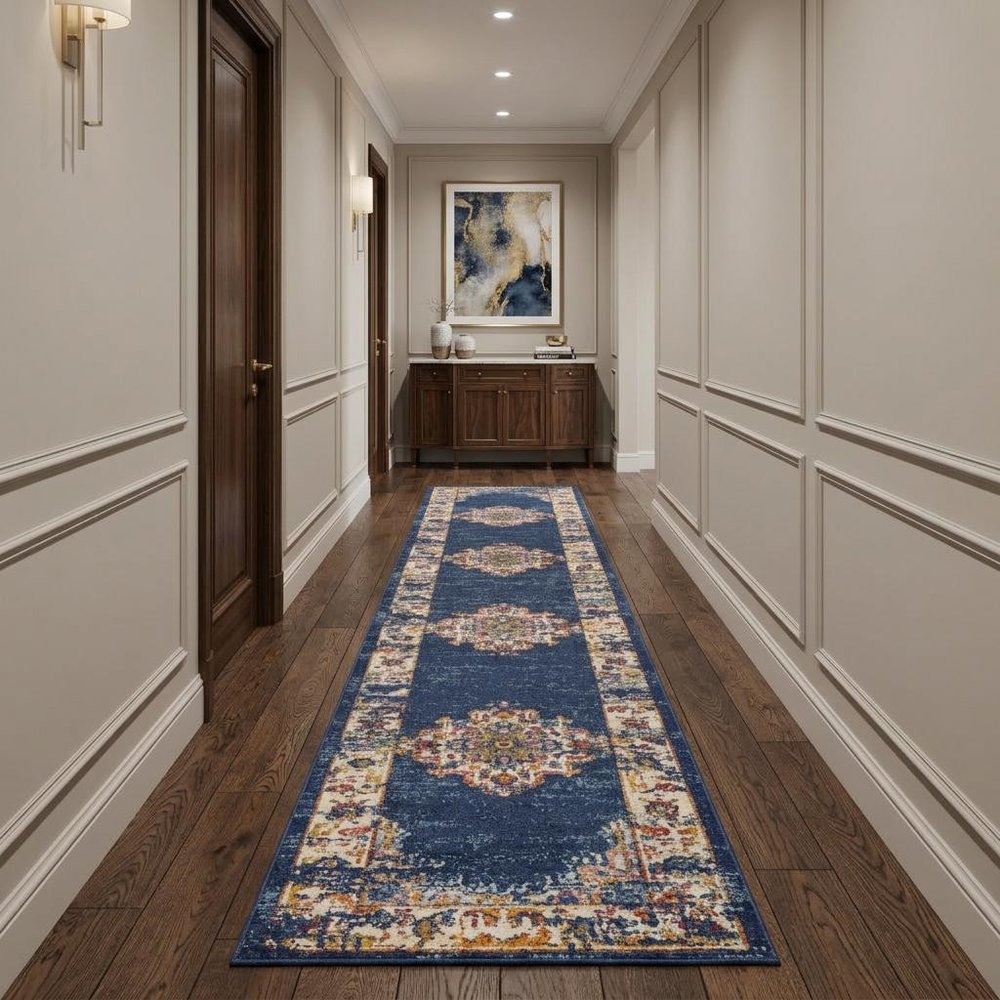 10' Blue and Ivory Oriental Power Loom Distressed Runner Rug