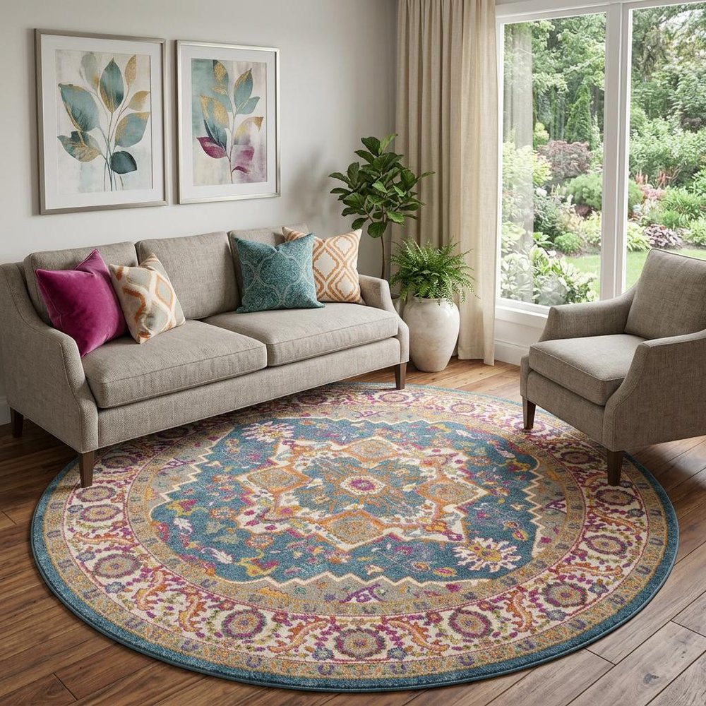8' Gray Round Floral Power Loom Area Rug