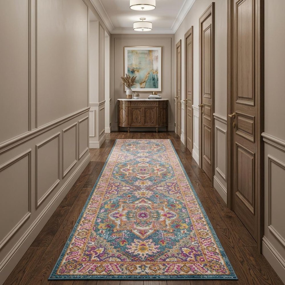 10' Gray Floral Power Loom Runner Rug