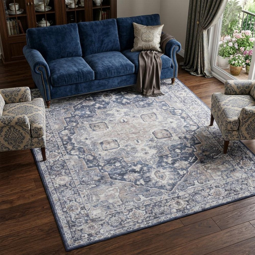 8' X 10' Blue And Pink Floral Power Loom Distressed Washable Area Rug