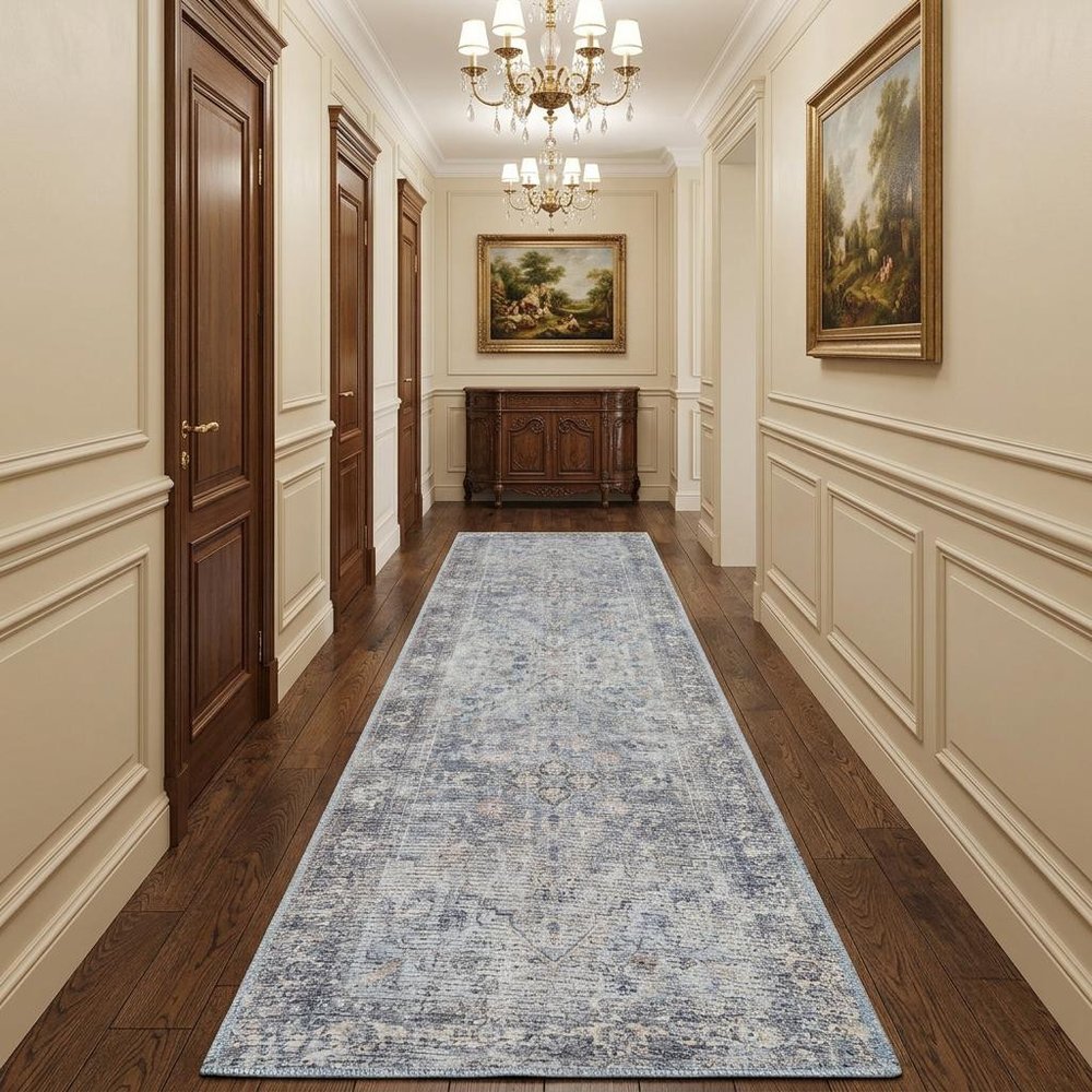 10' Gray Floral Power Loom Distressed Washable Runner Rug
