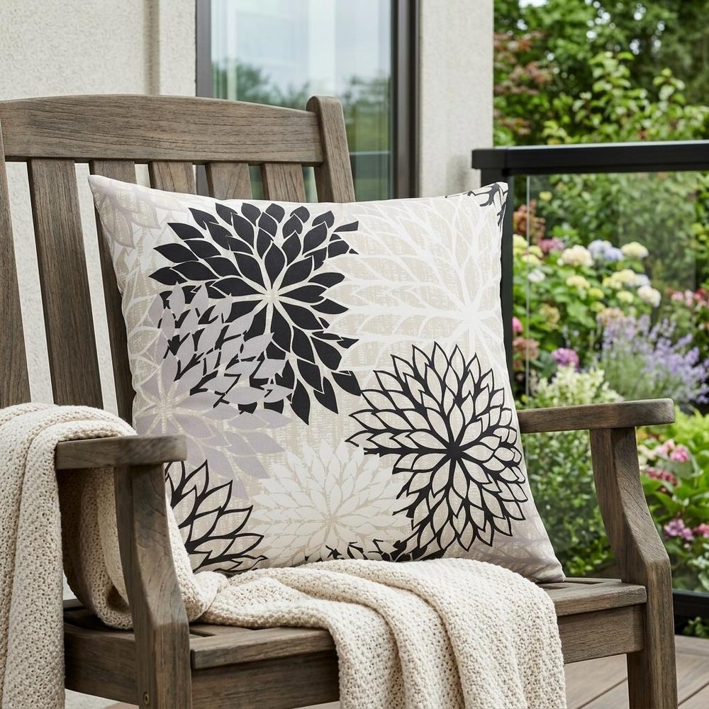 20" Black Gray and White Handmade Floral Indoor Outdoor Throw Pillow