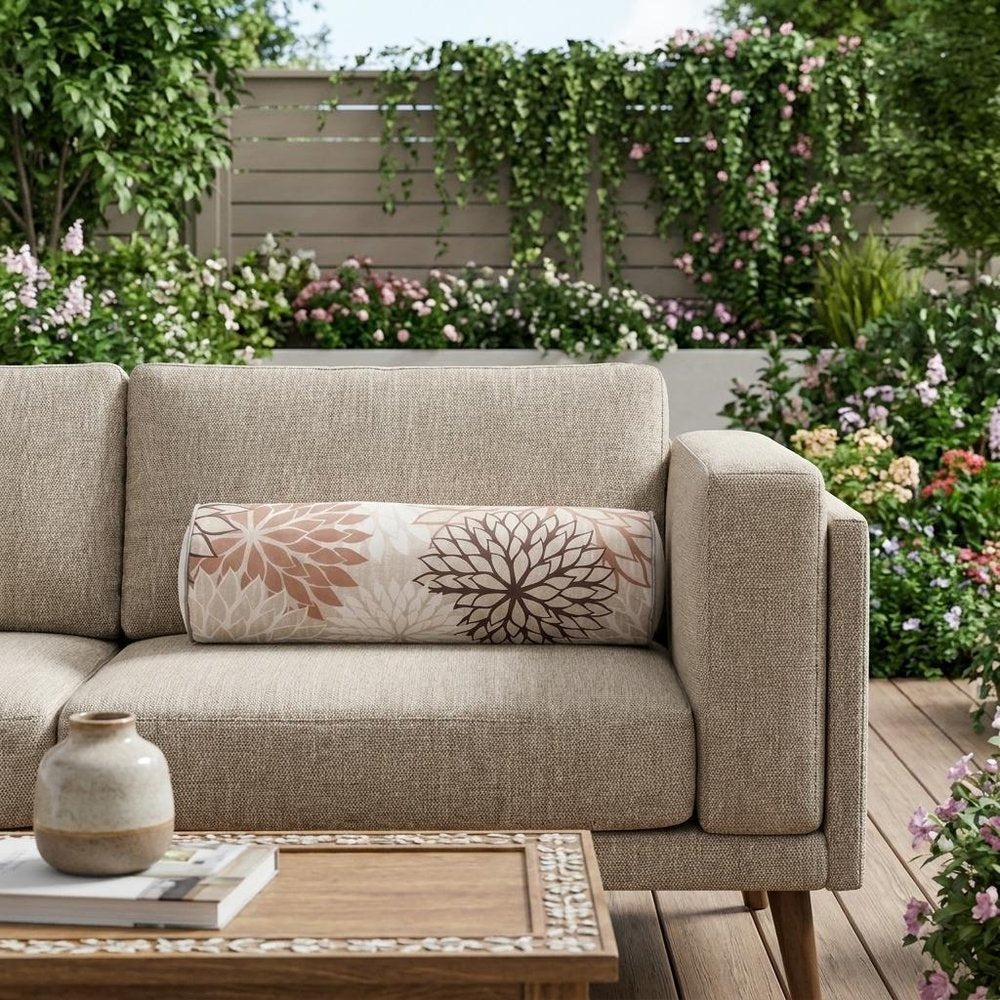 6" X 20" Brown Beige and Ivory Bolster Floral Indoor Outdoor Throw Pillow