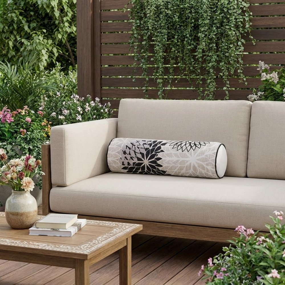 6" X 20" Black Gray and White Bolster Floral Indoor Outdoor Throw Pillow