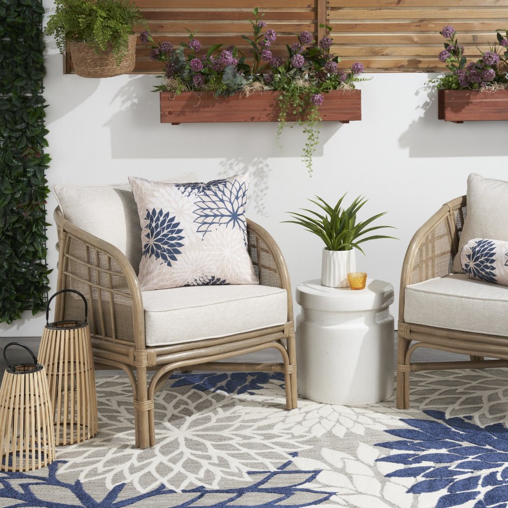 20" Beige Blue and Ivory Floral Indoor Outdoor Throw Pillow