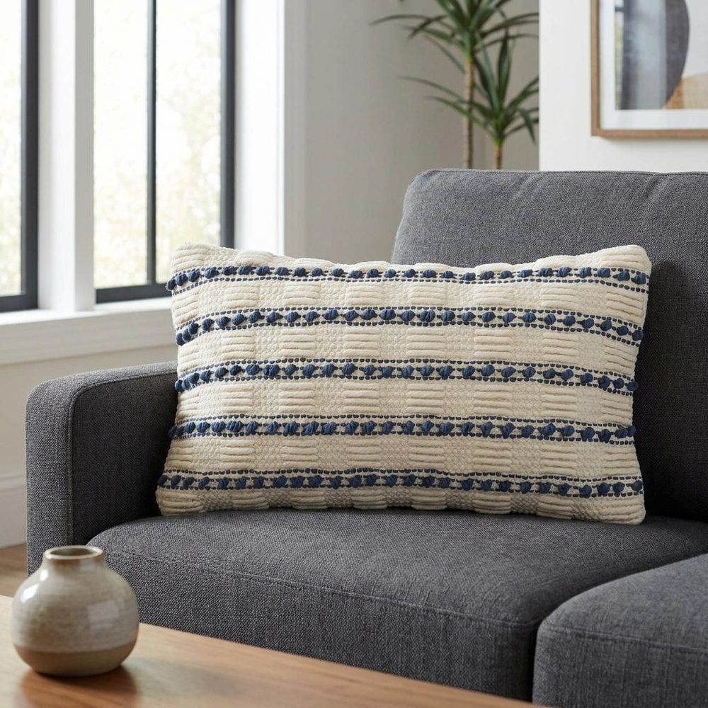 12" X 20" Ivory and Blue Striped Cotton Blend Throw Pillow With Texture
