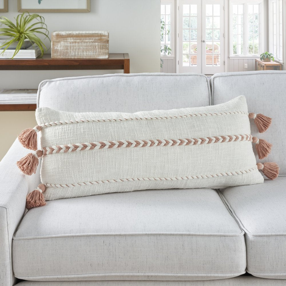 12" X 30" Pink and White Striped Cotton Lumbar Throw Pillow With Tassels