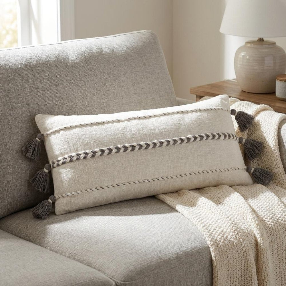 12" X 30" Gray and White Striped Cotton Lumbar Throw Pillow With Tassels