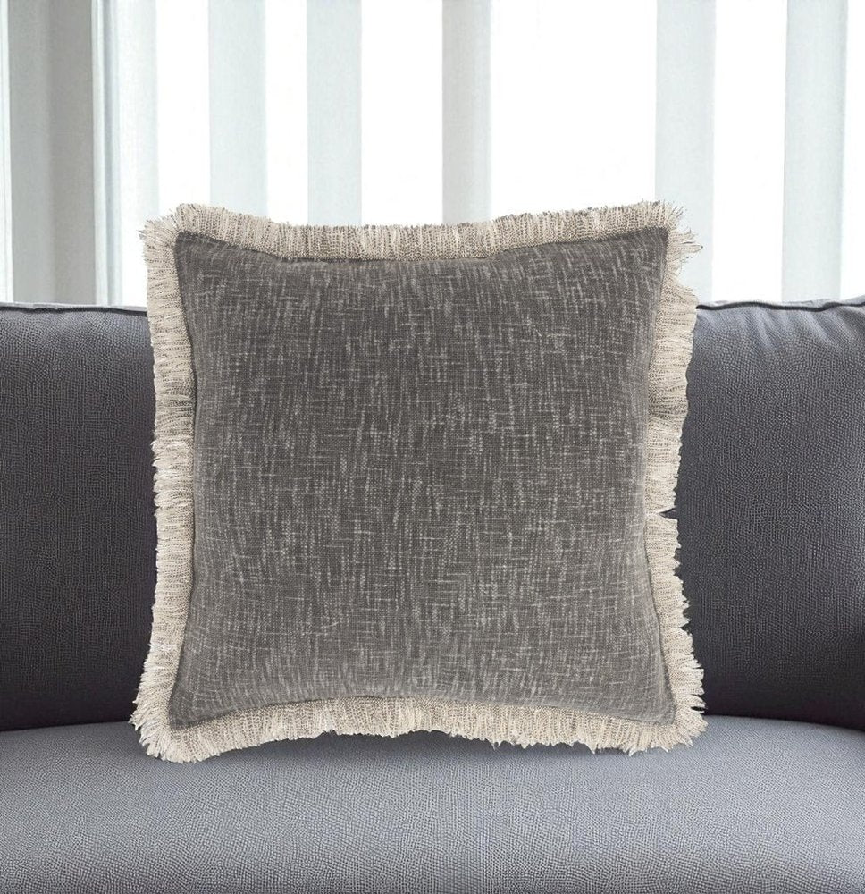 22" Charcoal Cotton Throw Pillow With Fringe
