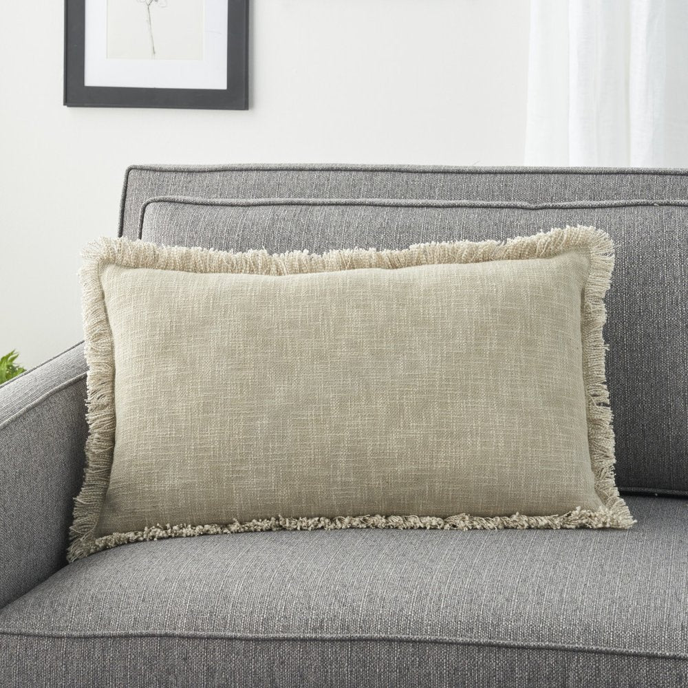 14" X 24" Taupe Cotton Lumbar Throw Pillow with Fringe