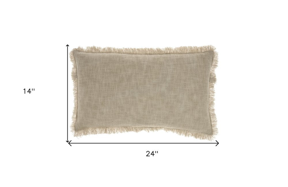 14" X 24" Taupe Cotton Lumbar Throw Pillow with Fringe