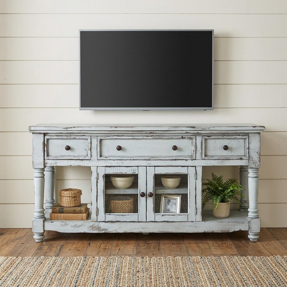 70" Blue Solid Wood Open shelving Distressed TV Stand