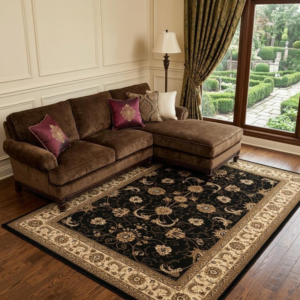 10' X 13' Beige and Black Oriental Washable Non Skid Area Rug