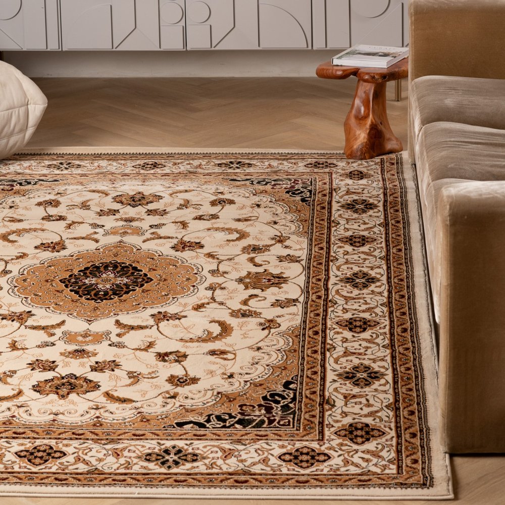 10' X 13' Beige and Black Oriental Washable Non Skid Area Rug