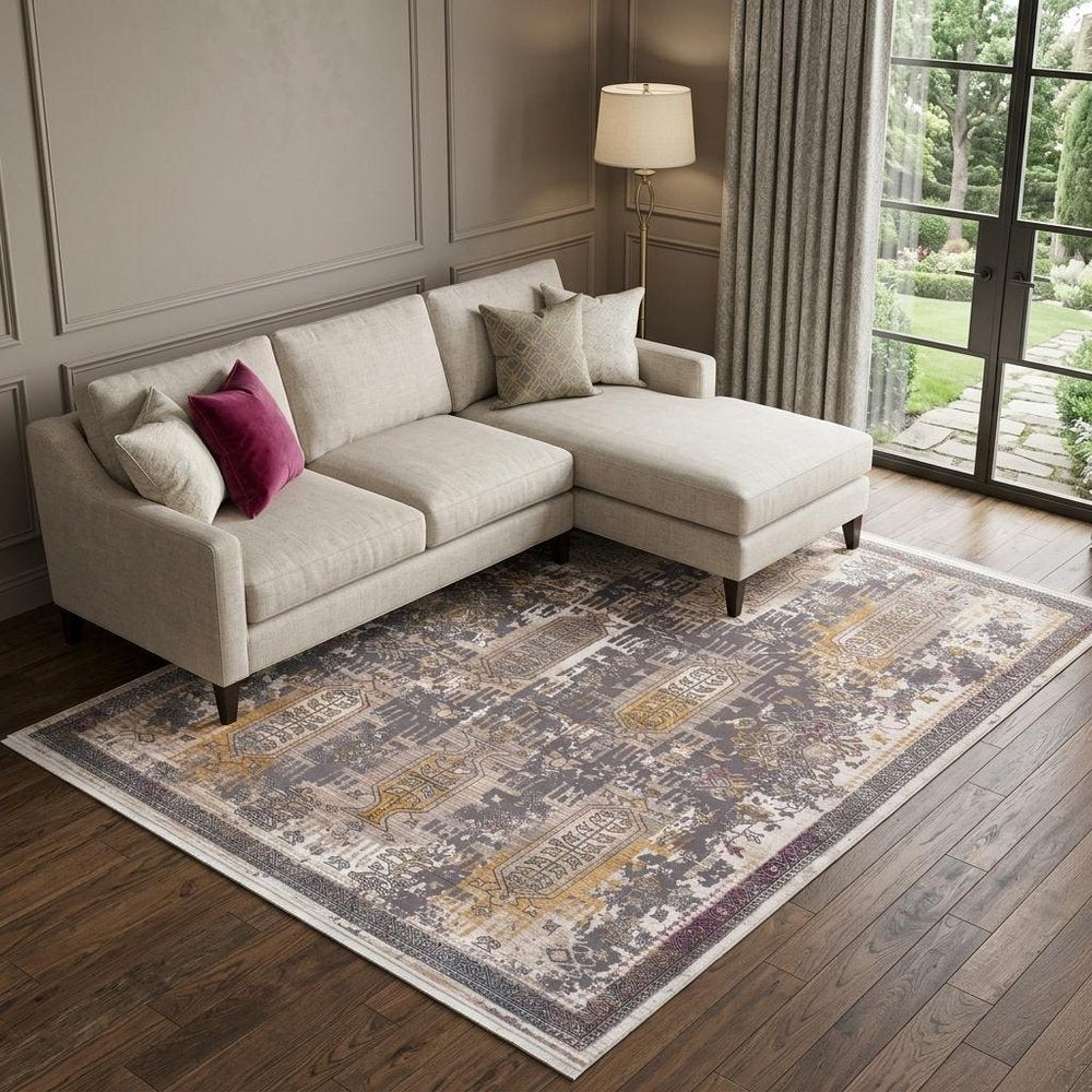 9' X 12' Gray and Ivory Oriental Power Loom Washable Non Skid Area Rug